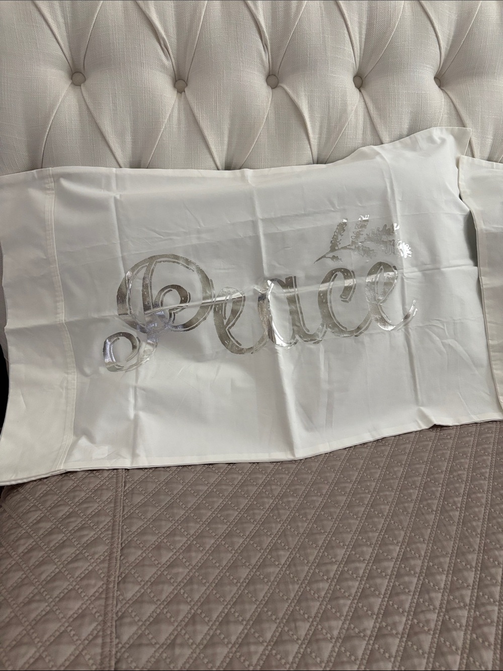 NEW—World Market Set of 2 Standard/Queen White Pillowcases with “Peace”& “Joy” - Picture 2 of 6